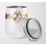 Caroline'S Treasures Blue Pit Bull Terrier Pink Flowers Stainless Steel 12 Oz Stemless Wine Glass Travel-Insulated-Tumblers, M