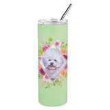 Caroline'S Treasures Bichon Fris #2 Green Flowers Double Walled Stainless Steel 20 Oz Skinny Travel-Insulated-Tumblers, Multic