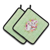 Caroline'S Treasures Ck4284Pthd Bull Terrier Green Flowers Pair Of Pot Holders Potholders, Multicolor