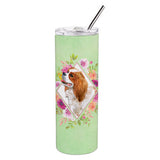 Caroline'S Treasures Cavalier Spaniel Green Flowers Stainless Steel 20 Oz Skinny Travel-Insulated-Tumblers, Multicolor