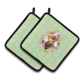 Caroline'S Treasures Ck4298Pthd Doberman Pinscher Green Flowers Pair Of Pot Holders Potholders, Multicolor
