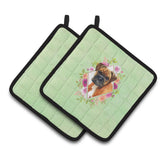 Caroline'S Treasures Ck4305Pthd German Boxer Green Flowers Pair Of Pot Holders Potholders, Multicolor