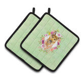 Caroline'S Treasures Ck4307Pthd German Shepherd #2 Green Flowers Pair Of Pot Holders Potholders, Multicolor