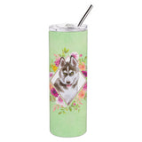 Caroline'S Treasures Siberian Husky #2 Green Flowers Double Walled Stainless Steel 20 Oz Skinny Travel-Insulated-Tumblers, Mul