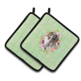 Caroline'S Treasures Ck4317Pthd German Shorthaired Pointer Green Flowers Pair Of Pot Holders Potholders, Multicolor