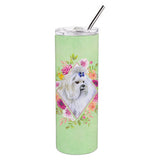 Caroline'S Treasures Maltese Green Flowers Double Walled Stainless Steel 20 Oz Skinny Travel-Insulated-Tumblers, Multicolor