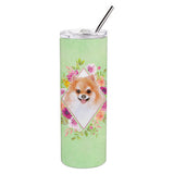 Caroline'S Treasures Pomeranian #1 Green Flowers Double Walled Stainless Steel 20 Oz Skinny Travel-Insulated-Tumblers, Multico