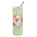 Caroline'S Treasures Pomeranian #2 Green Flowers Double Walled Stainless Steel 20 Oz Skinny Travel-Insulated-Tumblers, Multico
