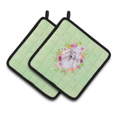Caroline'S Treasures Ck4331Pthd Standard White Poodle Green Flowers Pair Of Pot Holders Potholders, Multicolor