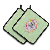 Caroline'S Treasures Ck4333Pthd Standard Grey Poodle Green Flowers Pair Of Pot Holders Potholders, Multicolor