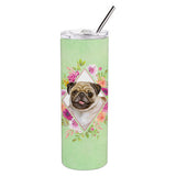 Caroline'S Treasures Fawn Pug Green Flowers Double Walled Stainless Steel 20 Oz Skinny Travel-Insulated-Tumblers, Multicolor