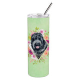 Caroline'S Treasures Russian Black Terrier Green Flowers Stainless Steel 20 Oz Skinny Travel-Insulated-Tumblers, Multicolor