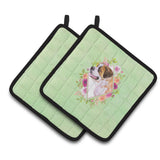 Caroline'S Treasures Ck4346Pthd Saint Bernard #1 Green Flowers Pair Of Pot Holders Potholders, Multicolor