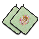 Caroline'S Treasures Ck4349Pthd Tibetian Mastiff Puppy Green Flowers Pair Of Pot Holders Potholders, Multicolor