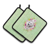 Caroline'S Treasures Ck4353Pthd West Highland White Terrier Green Flowers Pair Of Pot Holders Potholders, Multicolor