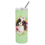 Caroline'S Treasures Tricolor Cavalier Spaniel Green Flowers Stainless Steel 20 Oz Skinny Travel-Insulated-Tumblers, Multicolo