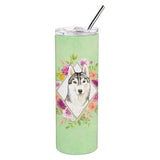 Caroline'S Treasures Siberian Husky Green Flowers Double Walled Stainless Steel 20 Oz Skinny Travel-Insulated-Tumblers, Multic