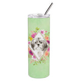 Caroline'S Treasures Shih Tzu Puppy Green Flowers Double Walled Stainless Steel 20 Oz Skinny Travel-Insulated-Tumblers, Multic