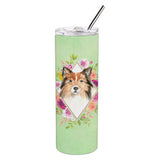 Caroline'S Treasures Sheltie Green Flowers Double Walled Stainless Steel 20 Oz Skinny Travel-Insulated-Tumblers, Multicolor
