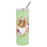 Caroline'S Treasures Collie Green Flowers Double Walled Stainless Steel 20 Oz Skinny Travel-Insulated-Tumblers, Multicolor