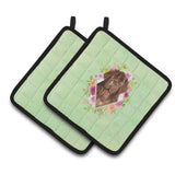 Caroline'S Treasures Ck4381Pthd Newfoundland Green Flowers Pair Of Pot Holders Potholders, Multicolor