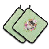 Caroline'S Treasures Ck4385Pthd Longhaired Chihuahua Green Flowers Pair Of Pot Holders Potholders, Multicolor