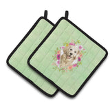 Caroline'S Treasures Ck4395Pthd Golden Retriever Green Flowers Pair Of Pot Holders Potholders, Multicolor