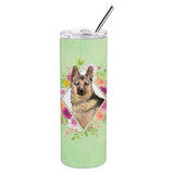 Caroline'S Treasures German Shepherd Green Flowers Double Walled Stainless Steel 20 Oz Skinny Travel-Insulated-Tumblers, Multi