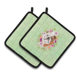 Caroline'S Treasures Ck4400Pthd English Bulldog Green Flowers Pair Of Pot Holders Potholders, Multicolor