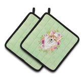 Caroline'S Treasures Ck4403Pthd Corgi Green Flowers Pair Of Pot Holders Potholders, Multicolor