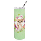 Caroline'S Treasures Chihuahua Green Flowers Double Walled Stainless Steel 20 Oz Skinny Travel-Insulated-Tumblers, Multicolor,