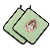 Caroline'S Treasures Ck4412Pthd Brown Parti Cocker Spaniel Green Flowers Pair Of Pot Holders Potholders, Multicolor