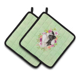 Caroline'S Treasures Ck4418Pthd Border Collie Green Flowers Pair Of Pot Holders Potholders, Multicolor