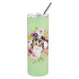 Caroline'S Treasures Australian Shepherd Green Flowers Double Walled Stainless Steel 20 Oz Skinny Travel-Insulated-Tumblers, M