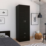 Tuhome Lisboa Armoire, Rod, Two-Door Armoire, Two Drawers, Metal Handles, Black, For Bedroom