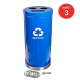 Witt Industries Steel 33-Gallon 3 Opening Recycling Container With 3 Plastic Liners, Legend Recycle, Round, Blue (Pack Of 3)