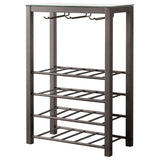 Trier 4 Tier Wine Rack Stand With Storage Shelves & Wine Glass Holders, Pewter Metal & Tempered Glass Top, Transitional