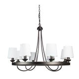 Baden Rustic Wagon Wheel Light Fixture With 8 Bulb And White Fabric Shades, Overhead Lighting With Vintage Black Frame For Foyer