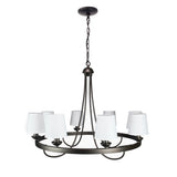 Baden Rustic Wagon Wheel Light Fixture With 8 Bulb And White Fabric Shades, Overhead Lighting With Vintage Black Frame For Foyer