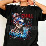 "Chill The Fourth Out" Patriotic Skeleton T-Shirt – 2026 Spring & Summer Men’s Graphic Tee, Premium 100% Cotton 4th of July Top, Soft Lived-In Heavyweight Americana Skeleton Shirt, Made in USA