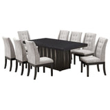 Riley 9 Piece Modern Pedestal Dining Set, Cappuccino Wood & Silver Fabric (Table & 8 Upholstered Parsons Chairs)