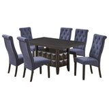 Huxley 7 Piece Contemporary Dining Set, Black Wood & Blue Fabric (Table, 6 Chairs)