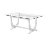 Benoit 7 Piece Glasstop Dining Set, Light Brown Fabric & White Wood (Trestle Table & 6 High-Back Tufted Chairs)