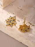 Gold-Tone Snowflake Zircon Stud Earrings Stainless Steel, Elegant & Lightweight