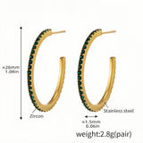 Gold Half-Hoop Earrings with Green Zircon Elegant Stainless Steel Design, 26mm