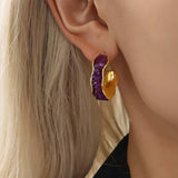 Bold Purple Crystal Stone Hoop Earrings Gold-Plated Stainless Steel Elegance