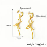Elegant Gold Wire Bow Drop Earrings Titanium Steel with Rhinestones