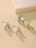 Mini Pearl & Zircon Stud Earrings Stainless Steel with Shell Pearl Accent