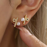 Mini Pearl & Zircon Stud Earrings Stainless Steel with Shell Pearl Accent