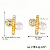 Mini Pearl & Zircon Stud Earrings Stainless Steel with Shell Pearl Accent